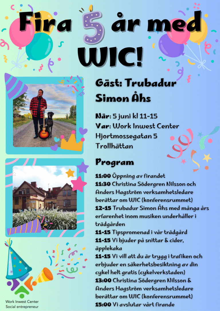 Fira 5 år med WIC! Gäst Trubadur Simon Åhs 5 juni kl 11-15 Hjortmossegatan 15, Trollhättan